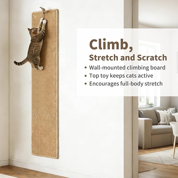 71" X 15.8" Thickened Cat Wall Climbing Carpet, Extra Large Cat Wall Scratcher Mat Tall Wall Mounted Climbing Cat Scratcher with 16 pcs Fixed Nails for Indoor Furniture Couch Sofa Protection (Camel)