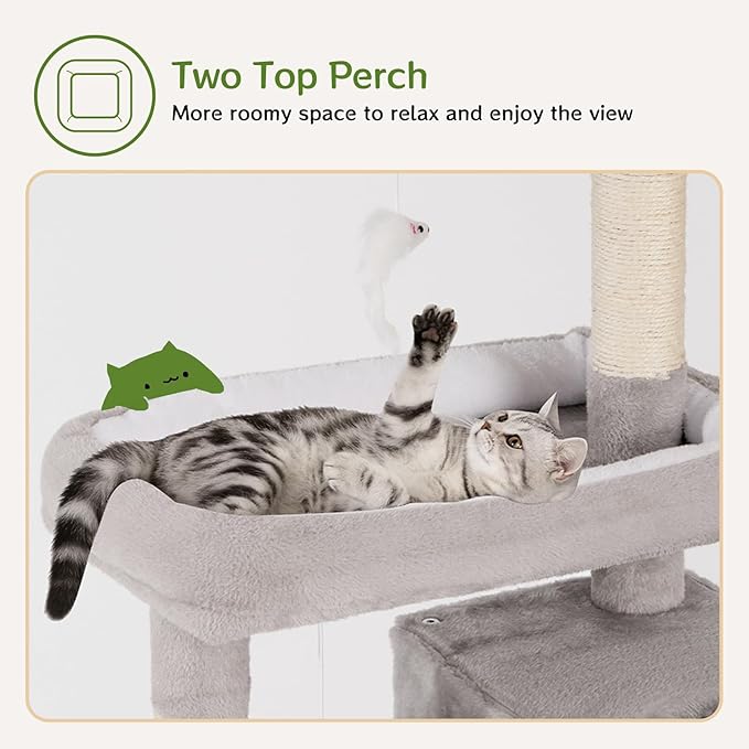 Cat Tree Tower 60inch - Multi-Level Indoor Activity Center with Sisal Scratching Posts, Condo, Plush Perch & Hanging Toys for Large Cats (Light Gray)