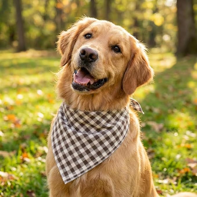 Dog Bandanas 1 Pack; Cotton Linen Khaki Plaid Bandana for Large Dogs; Soft Breathable Dog Accessories; Neutral Dog Apparel & Accessories