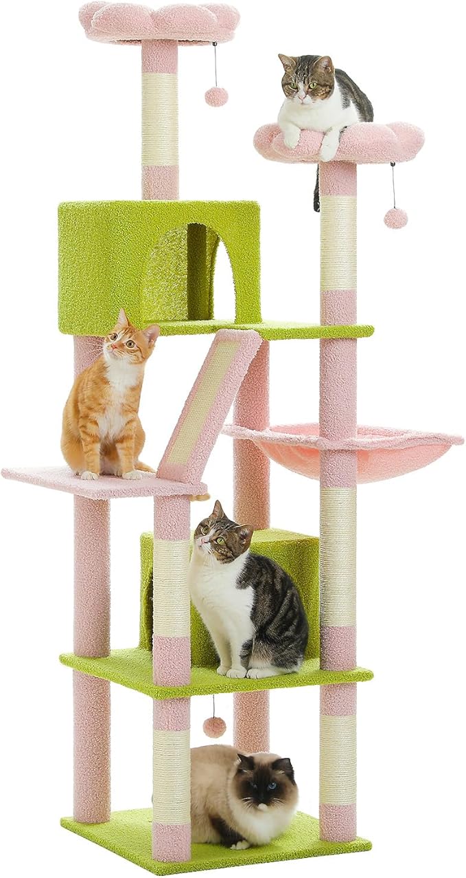 PEQULTI 71'' Cat Tree for Indoor Cats with Big Hammock, Tall Cat Tower for Large Cats with 2 Cat Condo, 2 Soft Top Perch, Scratching Posts and Pad, Pink