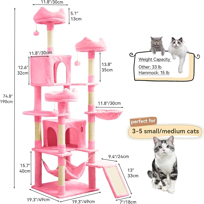 YITAHOME Tall Cat Tree for Indoor Cats, 75 inch Multi-Level Cat Tower with Cat Condos, Top Perches, Sisal Ramp Scratching Posts, Cozy Basket, Hammocks, Large Cat Pet Activity Structure,Pink