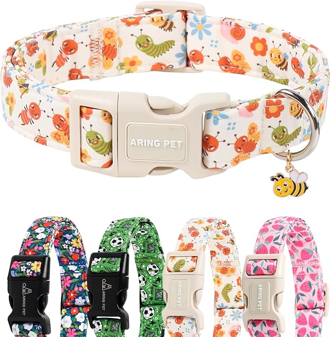 ARING PET Dog Collar, Cute Spring Summer Insects Bee Floral Doggy Collars with Quick Release Buckle for Puppy Small Medium Large Dogs-XS