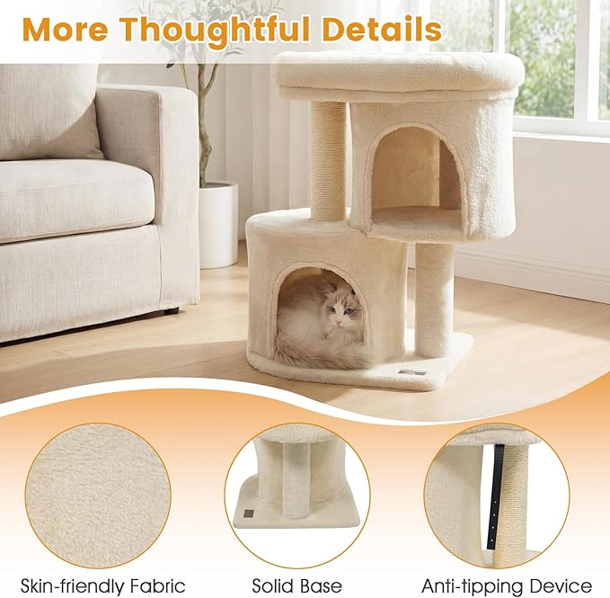 PETSITE 26-inch Small Cat Tree, with Sisal Scratching Post, Double Comfy Condos, and Spacious Top Perch, Ideal for Indoor Cats and Kittens (Beige)