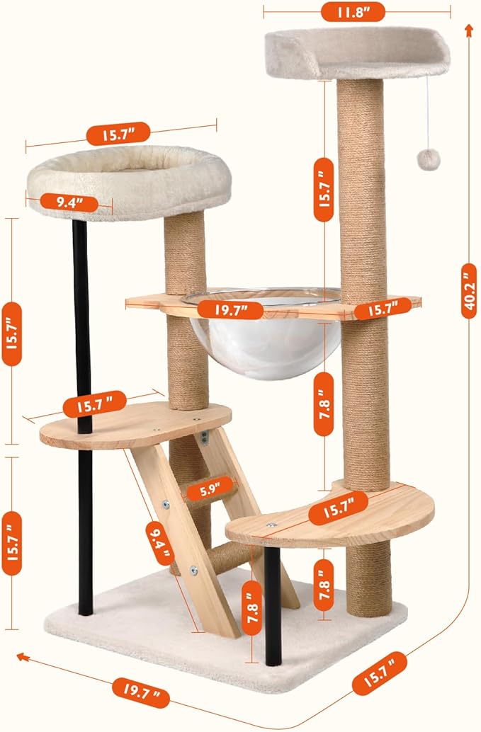 Solid Wood Cat Tree, 40" Tall Wooden Tower for Cats with Scratching Posts, Plush Perch, Large Space Capsule, Platforms, Removable Pads Heavy-Duty Indoor Cat Furniture Toys (Natural)