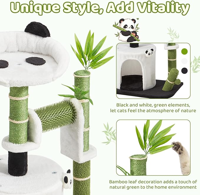 Erinnyees Panda Cat Tree, 30.7" Cat Tower with Self Groomer, Scratching Post, Cat Condo and Hang Ball, Bamboo Leaf Shape Design