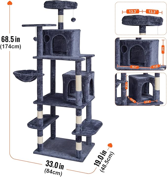 Happybuy Cat Tree for Indoor Cats, 68.5" Cat Tower with 2 Cat Condos, Sisal Scratching Post, Hammock, Top Perch, Jumping Platforms, Large Cat Furniture Activity Center with Hang Ball, Dark Grey