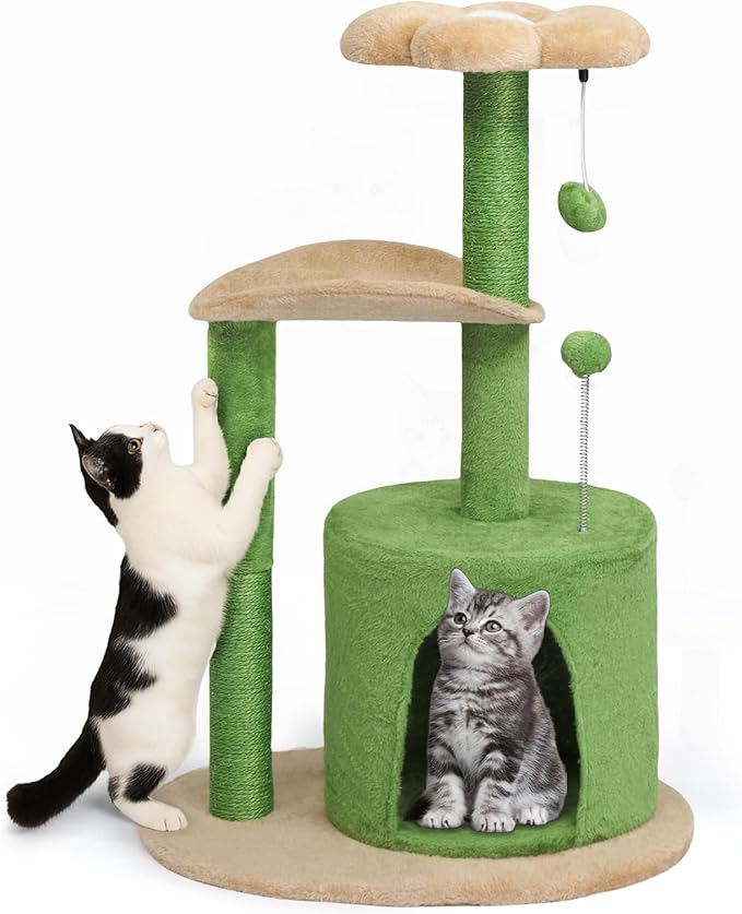 VINGLI Cat Tree for Indoor Cats, 32 inch Small Cat Tower, Cactus Cat Tree Scratching Posts with Jump Platform (Green & Beige)