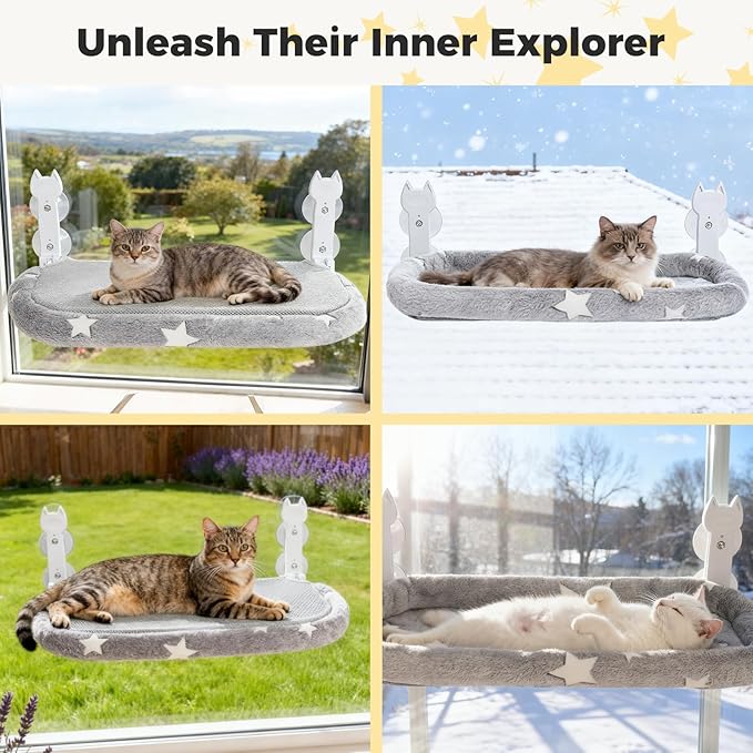 Homimp Cat Window Perch,Cordless Cat Window Hammock for Wall with 4 Strong Suction Cups,Solid Metal Frame and Two Replaceable Covers,Foldable Cats Bed for Large Cats and Kittens,Indoor Pet Seat,Grey M