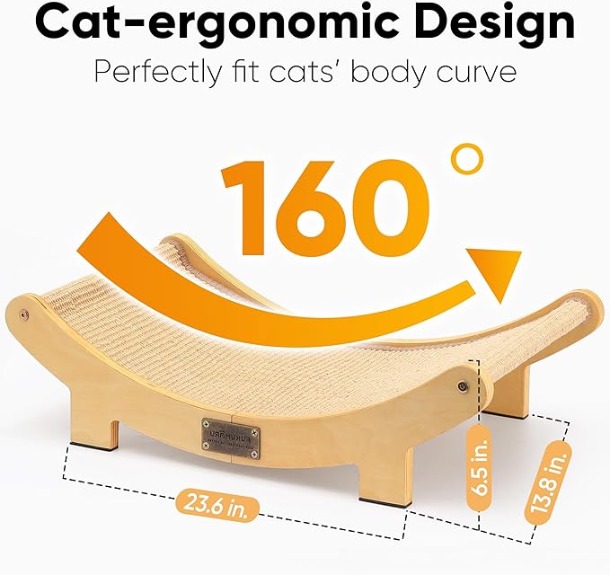 FUKUMARU Cat Scratcher Bed Sisal, 23.6 Inch Durable Scratching Bed for Indoor Cats, Large Cat Scratch Pad, Natural Sisal Hammock, Solid Wood Frame Lounger Chair for Sleep & Scratch (Wood)