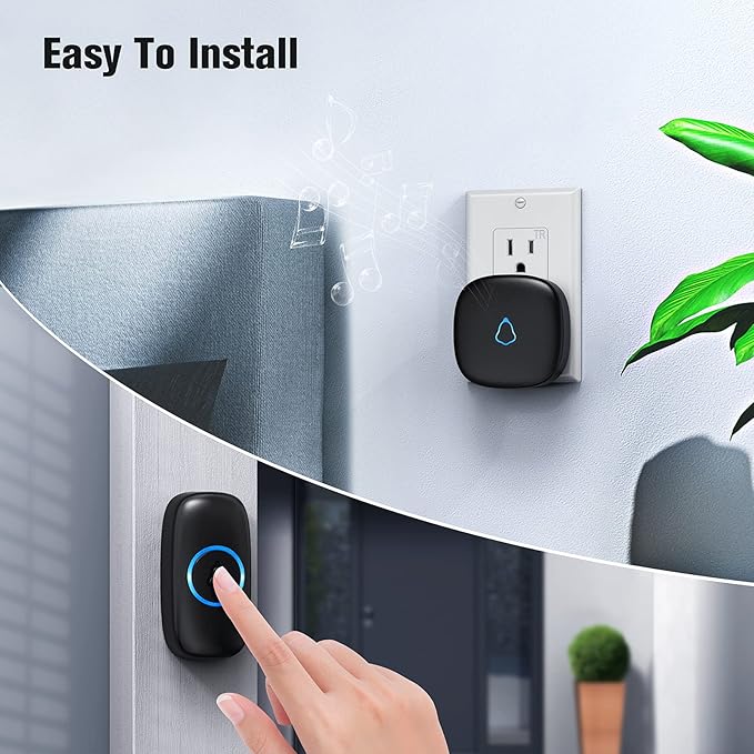 SECRUI Wireless Doorbell with 2 Buttons, Waterproof Mini Door Bell 1,000ft Range 110dB Mute Mode 58 Door Chimes & Colorful LED Flashing - Black