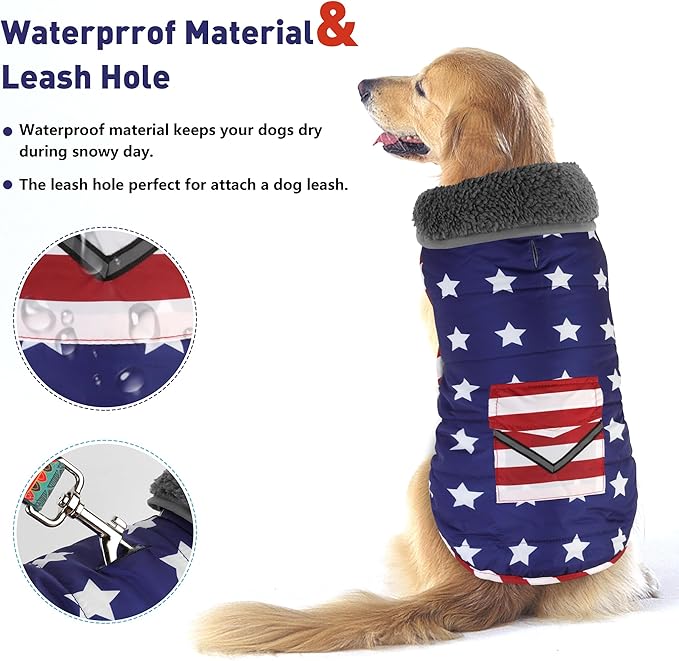 Dog Coat, Waterproof Dog Winter Jacket with Pocket, Reflective Adjustable Pet Snow Vest, Warm Cozy Fleece Sweater for Small Medium Extra Large Dogs - American Flag, L
