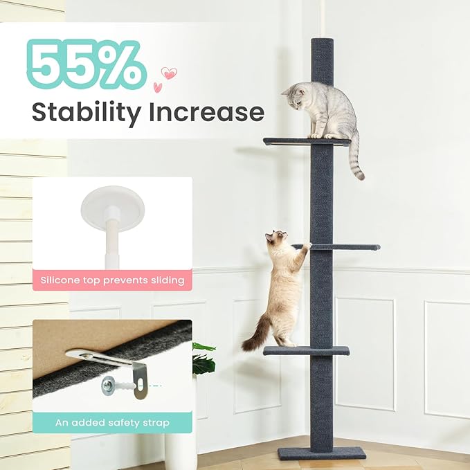 Max & Marlow Cat Tree Floor to Ceiling Cat Tower Height 95-108" Adjustable Kitten Tree Tall Climbing Tree with Carpet Scratching Post and Mat Cat Pole for Indoor Cats,Dark Grey