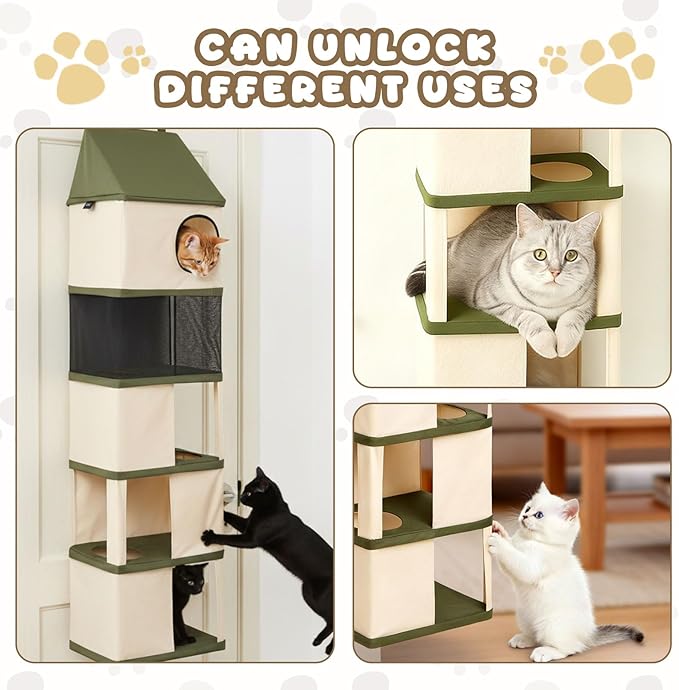 5 Level Door Hanging Cat Tree Tower for Indoor Cats Under 40 Lbs, Door Mounted Pet Furniture Space Saving, Interconnecting Levels, Mesh Levels, Collapsible and Tool-free Assembly, Fits Doors＜85 Inch H