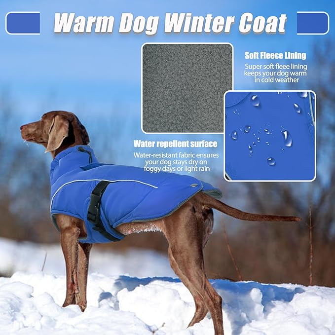 DENTRUN Winter Warm Dog Coat Reflective Jacket with Turtleneck for Cold Weather, Adjustable Buckle Windproof Water Repellent, Thick Snowsuit Fleece Vest for Small, Medium, Large Dogs, Blue, L