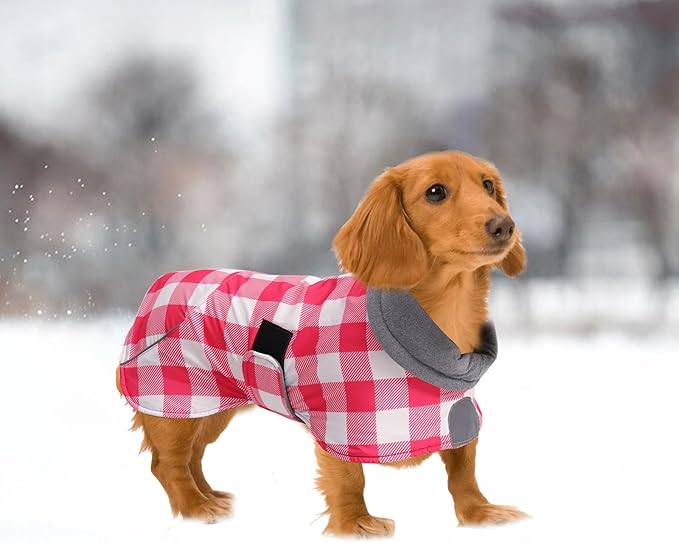 Dachshund Coats Waterproof Suitable for Dachshunds Sausage Weiner Dog Winter Coat Padded Fleece Puppy Snowsuit with Adjustable Bands Reflective Stripe - Plaid Pink - L