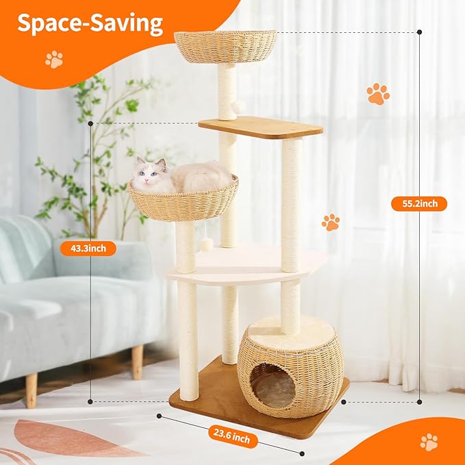 Modern Cat Tree Tower,Rattan Cat Tree Condo,Sisal-Covered Scratching Posts for Indoor Cats, Multi-Level Cat Condo with Space Capsule Nest, Tall Cat Tree for Multiple Large Cats