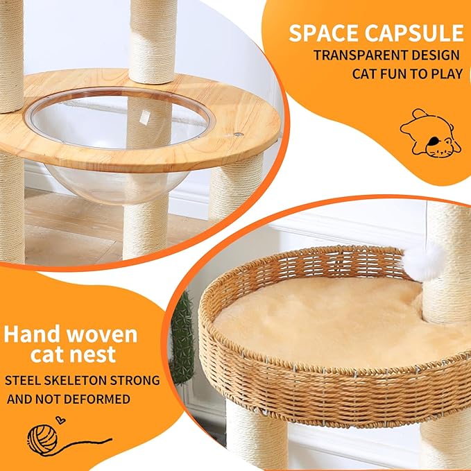 Cat Tree for Indoor Cats, 59'' Multi-Level Solid Wood Tower for Large Adult Cats, Heavy Duty Design with Sisal Scratching Posts, Teaser Wand, Hanging Plush Ball, Interactive Ball Track Base
