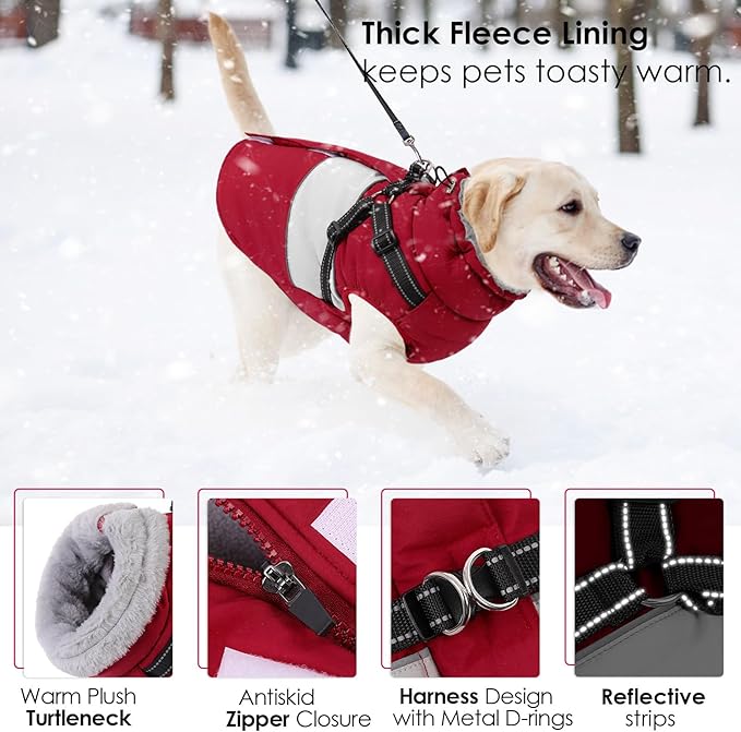 AOFITEE Dog Winter Coat, Dog Christmas Sweater, Dogs Coat with Harness Built in, Warm Jacket for Large Dogs, Reflective Waterproof Pet Puffer Jacket Snowsuit Windproof Pet Sweater, Burgundy XL