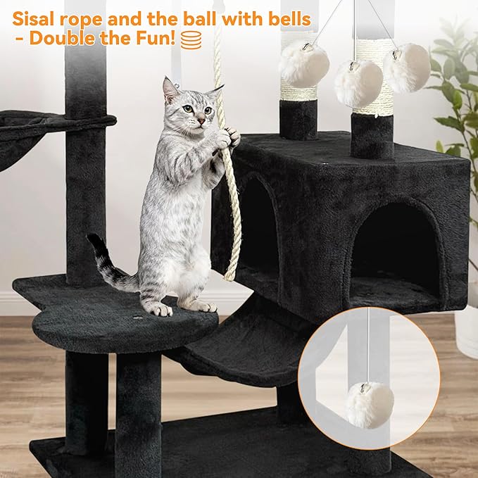 58" cat Tree Tall, Large Multi-Level Cat Condo with Sisal Leaf Scratching Posts, Sturdy Construction Easy Assembly, Indoor Pet Furniture,Dark Gray