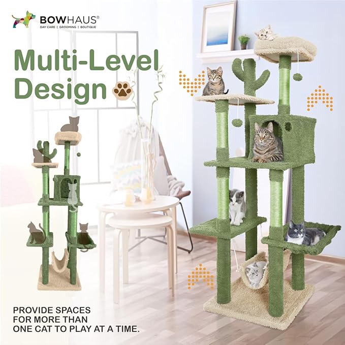 Cactus Cat Tree, Multi-Level Cat Activity Tree with Plush Perch, Scratching Posts and Ramp, Cat Cave Condo for Large Cats and Kittens, 70-Inch