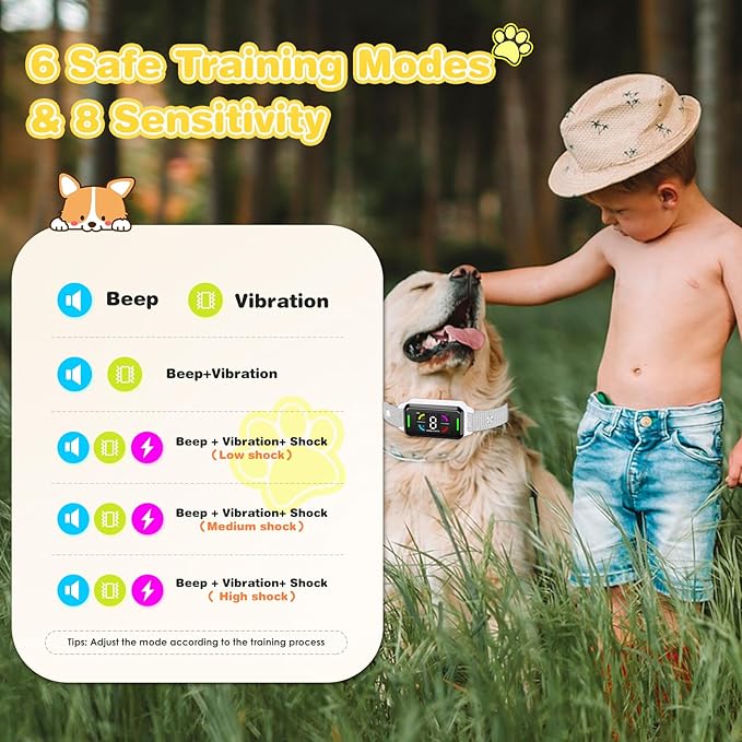 Dog Bark Collar Automatic Shock Collar Rechargeable Anti-Bark Training Collar Multifunctional Waterproof Dog Stop Barker with 6 Safe Training Modes for Dogs Weighing Over 8 Pounds (White)