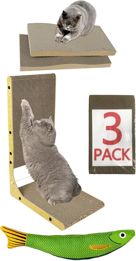 3-Pack WRBTA Cardboard cat Scratcher,L Shape Cat Scratch Pad Wall Mounted, Cat Scratching Cardboard with Ball Toy for Indoor, Cardboard Cat Scratcher with Double-Sided Usability.cat Scratching Post