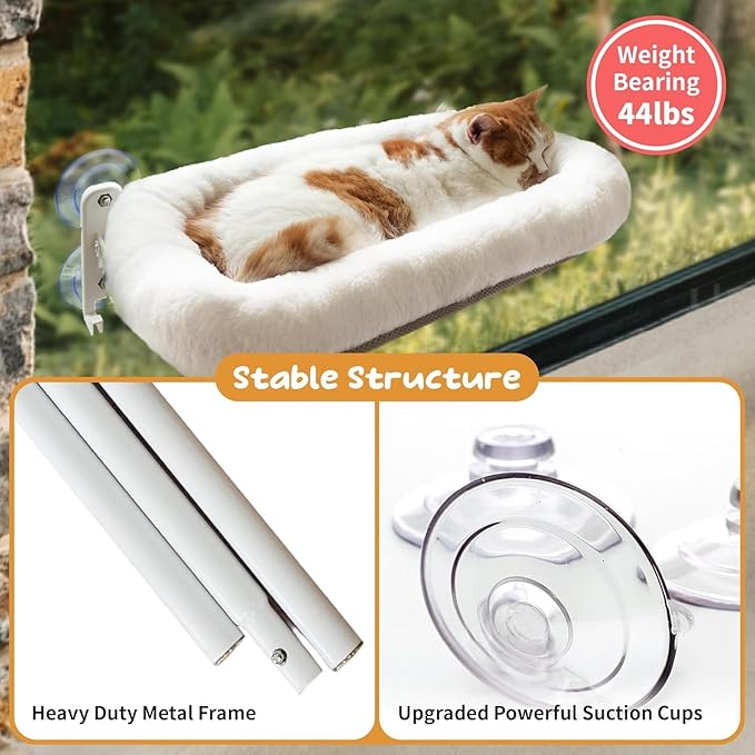 Cordless Cat Window Perch, Foldable Cat Window Hammock, 4 Strong Suction Cups, Solid Metal Frame, Patented Hook Design (Cushion White L)