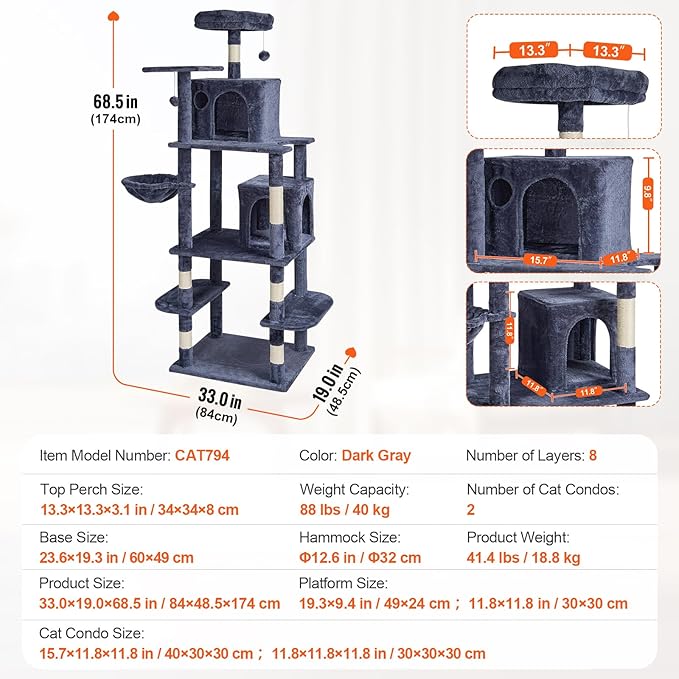 Happybuy Cat Tree for Indoor Cats, 68.5" Cat Tower with 2 Cat Condos, Sisal Scratching Post, Hammock, Top Perch, Jumping Platforms, Large Cat Furniture Activity Center with Hang Ball, Dark Grey