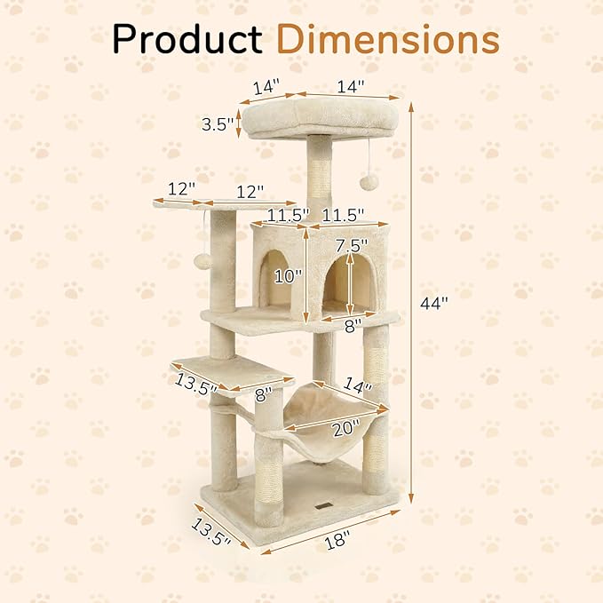 DORTALA Cat Tree for Indoor Cats, 44" Modern Cat Tower with Top Perch, Condo, Hammock, Sisal Scratching Posts, Dangling Balls, Platforms, Multi-Level Pet Climbing Furniture Playground (Beige)