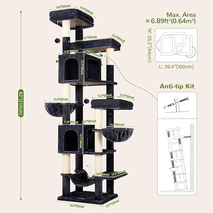 Globlazer 82 Inch Cat Tree for Large Cats, Multi-Level Tall Cat Tower for 4+ Cats with 2 Condos & 3 Perches, Stable No-Wobble Large Base, Space-Saving Corner Furniture, F82B, Dark Gray