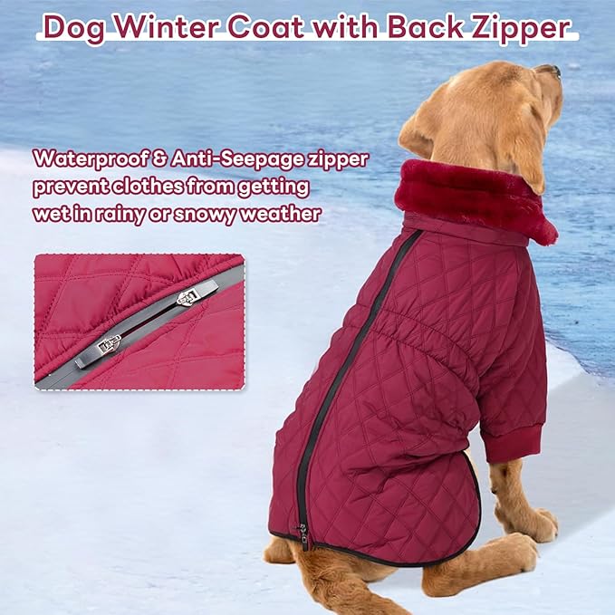 IDOMIK Dog Winter Coat for Large Dogs, Warm Dog Winter Jacket with Fleece High Collar, Zippered Cold Weather Coats for Dogs, Waterproof Doggy Snow Jacket Clothes,WineRed,L