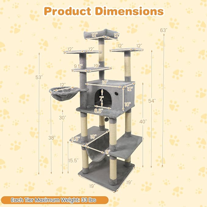 Tangkula Tall Cat Tree, 63 Inch Large Cat Tower with Sisal Scratching Posts, Plush Top Perch, Condo, Hammock, Basket Bed, Dangling Balls & Jumping Platforms for Indoor Cats Large Adult (Light Grey)