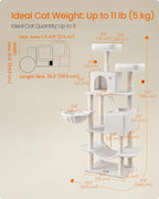 Feandrea Cat Tree, 66.1-Inch Large Cat Tower, Multi-Level Plush Condo with 13 Scratching Posts, 2 Perches, 2 Caves, Basket, Hammock, Pompoms, Cream White UPCT165T01