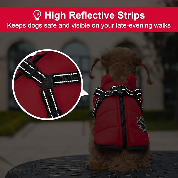 Warm Dog Winter Coat, Fashion Cold Weather Jacket with Built-in Harness, Reflective & Adjustable Comfortable Pet Vest, Windproof Apparel for Small Medium Large Dogs(Red