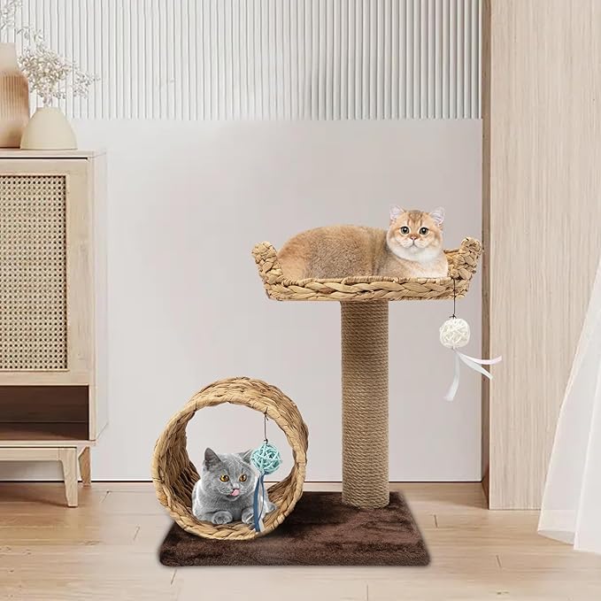 Double-Decker Cat Tree with Cat Tunnel & Perch, Sisal Scratching Post & Toy Balls, Modern Brown 15.7x12.2x19.7inch, Space-Saving Design