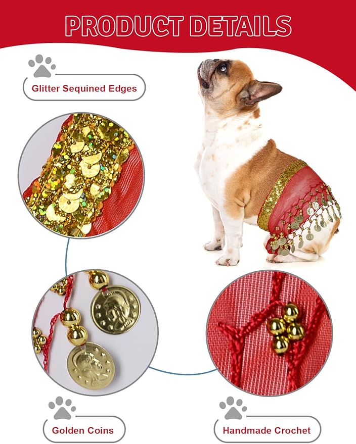 Dog Belly Dancer Costume - Puppy Outfit with Sequin Waist Chain & Hip-Shaking Skirt - Ideal for Corgi and Puppy Birthday Parties or Halloween Celebrations(Small,Red)