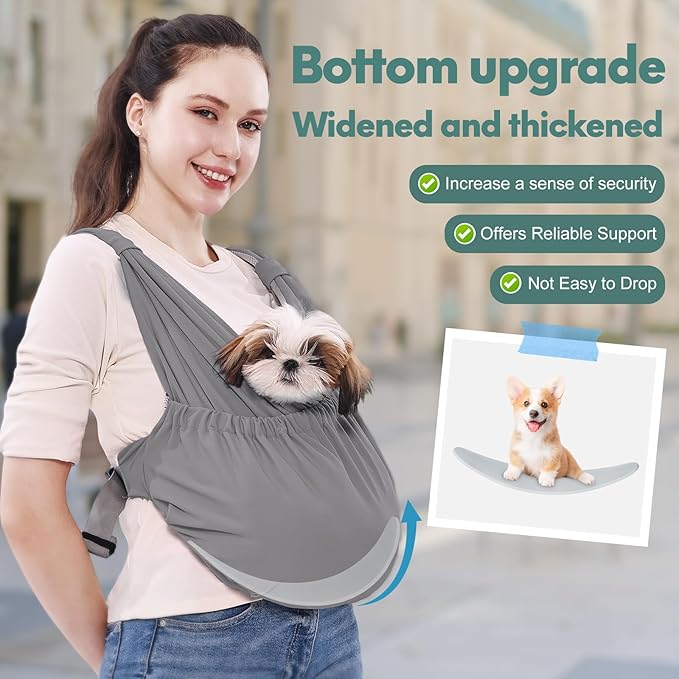 Supet Dog Sling Carrier for Small Pets, Hands Free Cat Sling, Reducing Back Neck Pain Anti-Anxiety Puppy Front, Adjustable Soft Dog Carrying (Grey, Plus 7-15 Lbs)