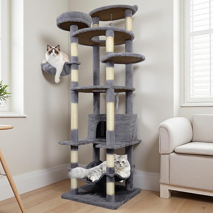 Dark Gray 78in Heavy Duty Cat Tree, Cat Tree Tower for Indoor Cats Large Adult, Extra Cat Tower with 12 Sisal Scratching Post, Large Top Platform, Hammock, Cat Condo for Kittens