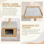 Modern Cat Tree Tower for Indoor Cats - Multi-Level Solid Wood Cat Condo w/Caves, 2 Large Perches, Scratching Posts, Hanging Toy for Large Cats Adult - Luxury Boho Pet Furniture