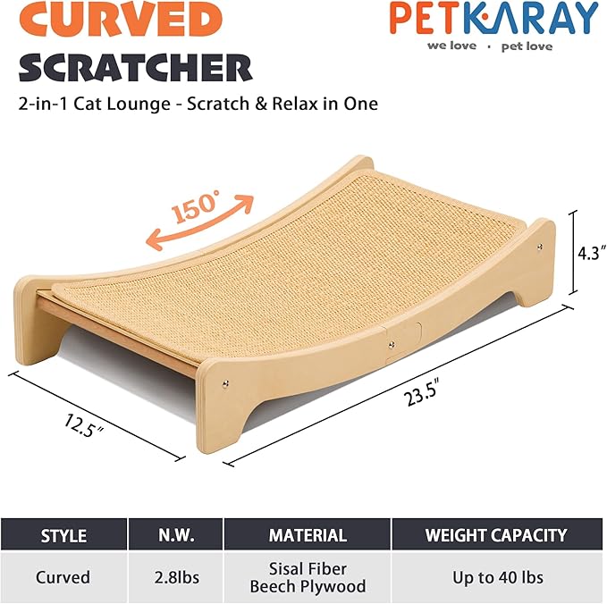 PETKARAY Sisal Cat Scratching Board, Curved Sisal Cat Scratcher, Large Indoor Kitty Scratch Pad, Heavy Duty Arc Lounge Bed for Kitten