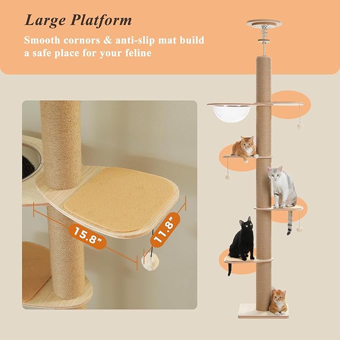 PETEPELA Floor to Ceiling Cat Tree, Adjustable Height(79-103'') Solid Wooden Tall Cat Tower for Indoor Cats with Sisal Scratching Post, Acrylic Bowl and Play Pompom