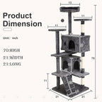 70" Multi-Level Cat Tree Tower with Scratching Posts, Toys & Condo - Space-Saving Design for Indoor Kittens, Compact Floor Footprint & Vertical Space for Multi-Cat Homes-Ashy