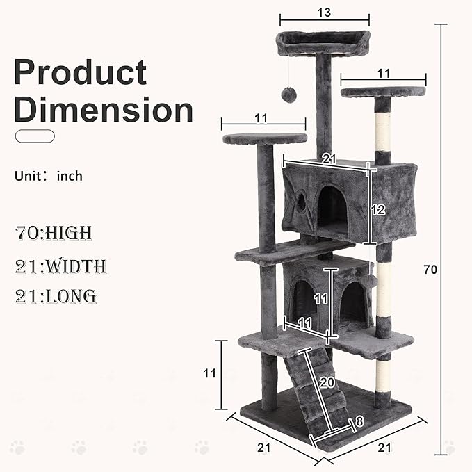 70" Multi-Level Cat Tree Tower with Scratching Posts, Toys & Condo - Space-Saving Design for Indoor Kittens, Compact Floor Footprint & Vertical Space for Multi-Cat Homes-Ashy