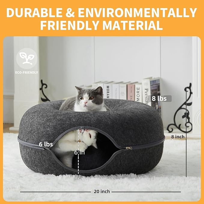 Peekaboo Cat Tunnel for Large Cats up to 10 lbs, Features A Jingle Ball, Removable and Washable Tunnel Bed, and a Cozy Donut Tunnel (Dark Grey, 20 Inches)