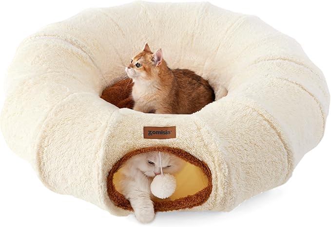 Cat Tunnel Bed for Indoor Cats, Cute Cat Donut Toy Tunnel for Small Large Cats, Peekaboo Pet Cave Play Tunnel Toys for Kitten/Rabbit,Beige