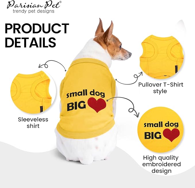 Parisian Pet Dog Shirt – 100% Cotton Small Dog Big Heart Shirts for Medium Dogs – Yellow Sleeveless Puppy Clothes – Breathable Dog Clothes – Summer Pet Apparel - Stretchable Tshirts for Dogs