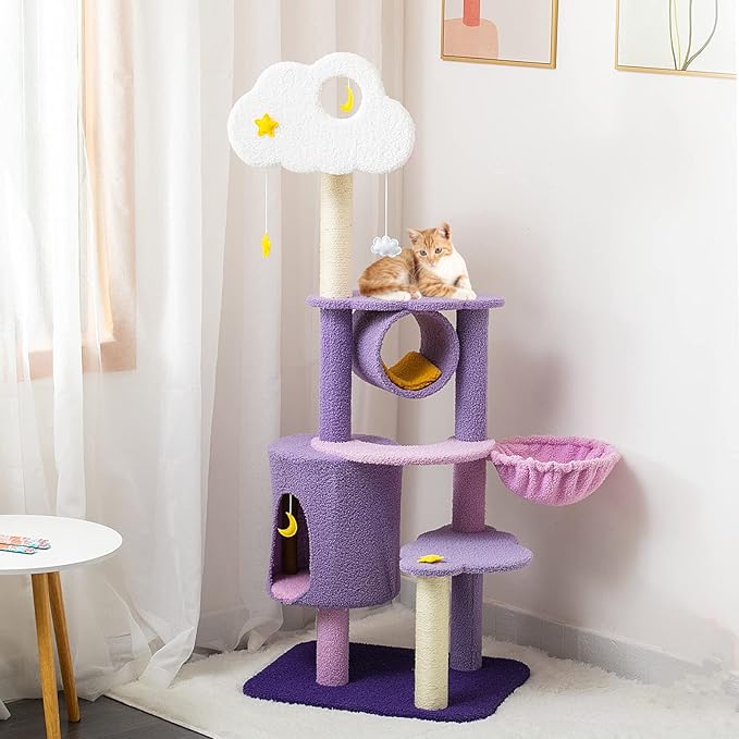 Lucky Monet 59 Inches Cat Tree for Indoor Cats, Multi-Level Cat Tower for Large Cats Cute Purple Pink Cat Tree Unique Cat Condo with Scratching Post Hammock Condo Pompom Ball Toy