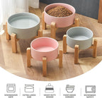 8'' Ceramic Raised Dog Bowl - 70Oz Dog Food & Water Bowl with Elevated Non-Slip Bamboo Stand, Dishwasher & Microwave Safe, Anti Vomiting Heavy Duty Pet Bowl for Medium and Large Dogs, Grey