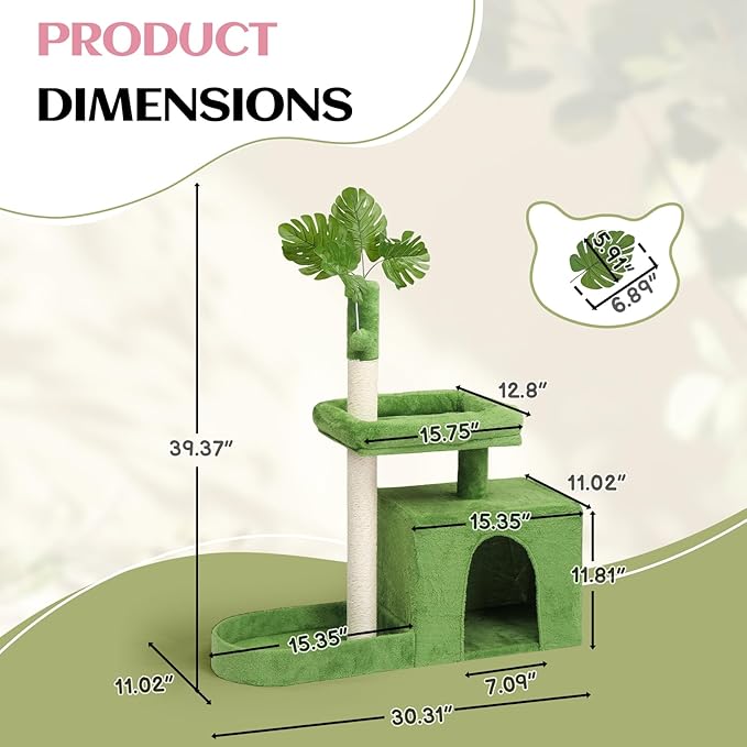 Outvita Cat Tree 36in Monstera Cat Tower with Leaves, Multi-Level Cat Tree Tower with Cat Scratching Post, Cozy Cat Condo, Padded Beds, Dangling Ball for Kittens and Indoor Cats, Green