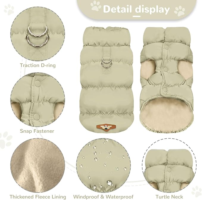 Winter Warm Dog Jacket for Small Medium Dogs Cats Cold Weather Coats with Harness Paded Dogs Fleece Vest Waterproof Windproof Dog Snow Jacket Pet Puppy Clothes (Khaki,XXL)